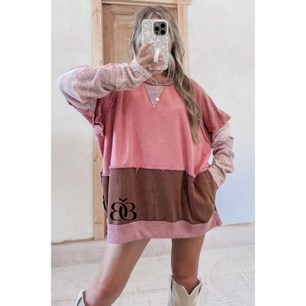 Oli & Hali Raspberry Mixed Fabric Washed Oversized Pullover